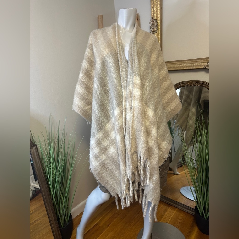 MAP from Mexico Cozy Striped Fringe Poncho Cape Wrap Sweater